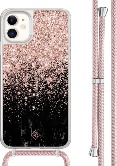 Casimoda® hoesje met rosegoud koord - Geschikt voor iPhone 11 - Marmer Twist - Afneembaar koord - TPU/acryl - Rosekleurig