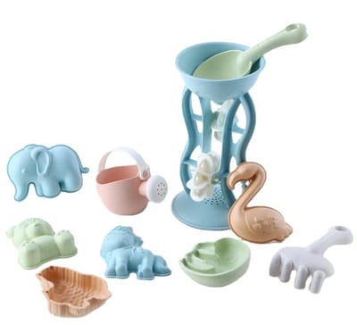 WOOPIE GREEN Zandset met haspel en gieter 10 stuks. BIOLOGISCH AFBREEKBAAR BIOLOGISCH MATERIAAL