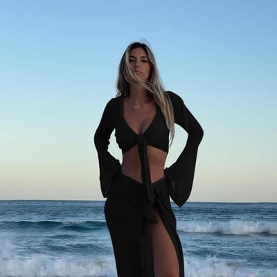 Holle Gebreide Tweedelige Korte Top met Lange Mouwen Strand en Kust Sexy Jurkpak met Bandjes L