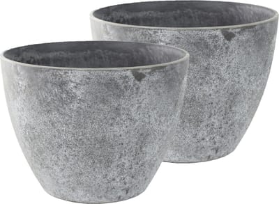 Set van 2x stuks bloempotten/plantenpotten gerecycled kunststof/steenpoeder betongrijs dia 36 cm en hoogte 27 cm - Binnen en buiten