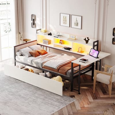 MODFU Bedframe 90x200 cm – wit metaal – met LED (QR-code), uittrekbaar bureau, 2 laden en opbergvak