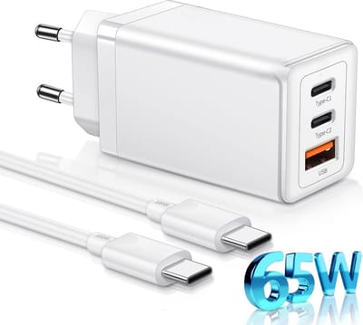 65w GaN 3 Poorten usb C Power Adapter met Rubberen usb C naar usb C Kabel 1 Meter Lang - Super Fast Charger 3.0 - 30% Kleiner