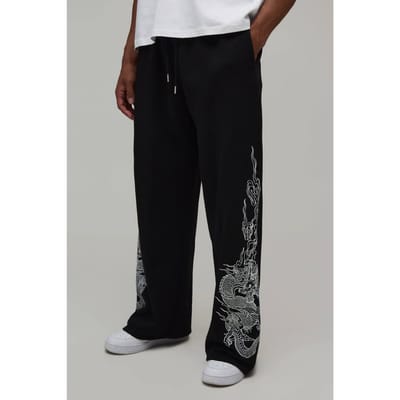 Wijde Pijpen Joggingbroek Met Drakenprint | Black | Size XS