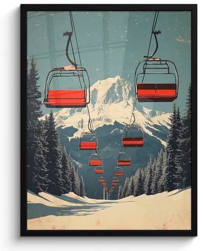 Poster in lijst - Fotolijst 50x70 cm - Posters - Sneeuw - Skilift - Rood - Bomen - Posterlijst zwart - Decoratie - Wanddecoratie woonkamer - Muurdecoratie slaapkamer