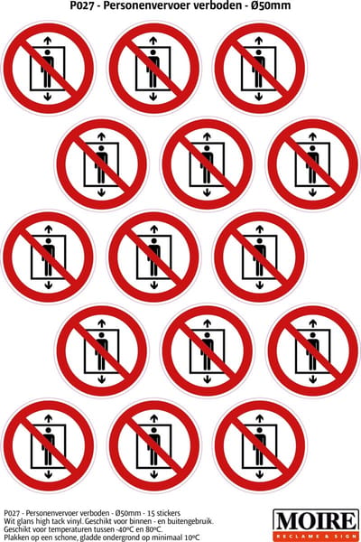 Pictogram sticker 75 stuks P027 - Personenvervoer verboden - 50 x 50mm - 15 stickers op 1 vel