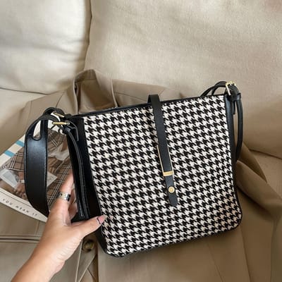 Retro Eénschouder Emmer Tas Pepita Tweed Zilveren Tas Modieuze en Veelzijdige Dames Tas gray