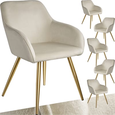 tectake® Eetkamerstoel Marilyn - Set van 6 - Met Armleuningen - Elegante Stoel met Gevoerde Zitting in Fluweellook - Gestoffeerd - Gouden metalen poten - Ergonomische Keukenstoel - Stoel voor Woonkamer, Eetkamer en Slaapkamer - Creme