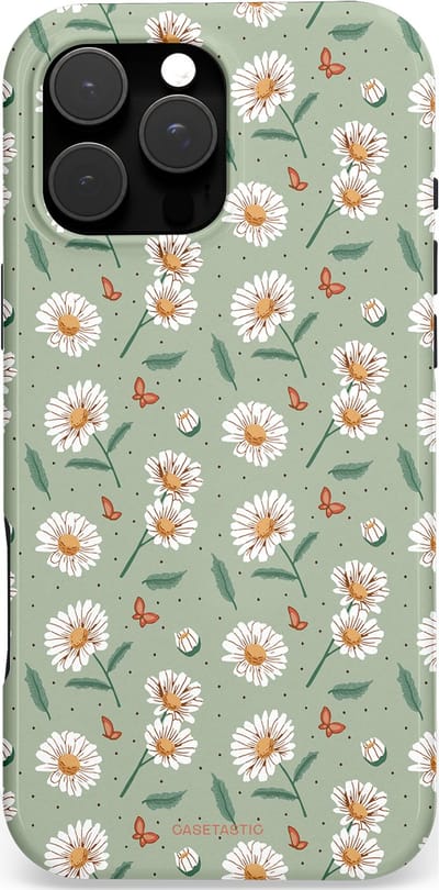 Casetastic hoesje geschikt voor Apple iPhone 16 Pro Max - MagSafe - Dubbellaagse bescherming - Vleugels en madeliefjes - Fashion Case - Saliegroen Lichtgrijs Wit