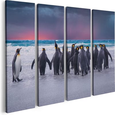 Artaza Canvas Schilderij Vierluik Groep Pinguïns bij het Water - Kudde - 80x60 - Foto Op Canvas - Canvas Print