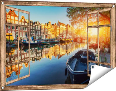 Gards Tuinposter Doorkijk Amsterdamse Gracht bij Zonsondergang - 90x60 cm - Tuindoek - Tuindecoratie - Wanddecoratie buiten - Tuinschilderij