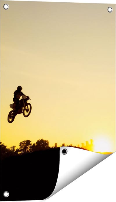 Gards Tuinposter Silhouet van een Motorcross bij Zonsondergang - 40x60 cm - Tuindoek - Tuindecoratie - Wanddecoratie buiten - Tuinschilderij
