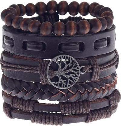 Fako Bijoux® - Leren Armband - Leder - Set Vintage Kralen - Levensboom