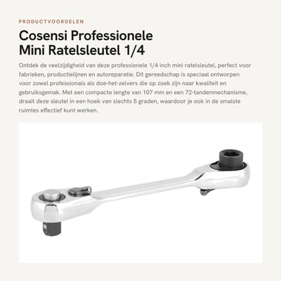 Dailygoods- Ratelsleutel Professioneel 72 Tanden - Mini Ratelsleutel 1/4 Inch - Verchroomd - Antislip Handvat - Schokbestendig - Snelle Release Functie - Steeksleutel
