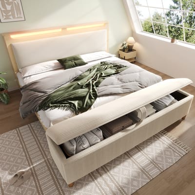 DESMIU Gestoffeerd Tweepersoonsbed 180x200cm – Hoofdbord Met LED-Verlichting En Opbergruimte – Met Bank Met Opbergruimte – Licht Eiken En Beige – Zonder Matras