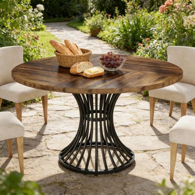REDOM - Ronde Eettafel - Retro - Voor Eetkamer - MDF En Metaal - Zwart En Rustiek Bruin