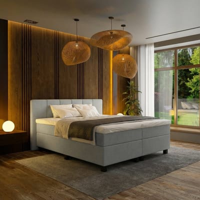 Mörgenn Boxspring Madrid - Pocketvering - 6-Baans Hoofdbord - Lichtgrijs - 100x200 cm - Inclusief Dekbed en Kussens