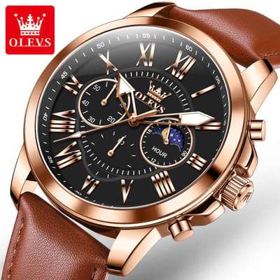 HO-3632.br-rs-zw : Olevs rosékl edelstaal chronografisch quartz horloge, zwarte wijzerplaat, cognackl genuine lerenband, uren & minuten & maanfase -aanduiding