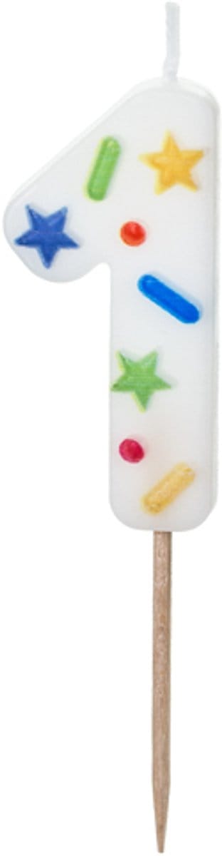 Cijferkaars 1 - Vrolijke confetti print - Taartkaars nummer 1 - Geschikt voor taart, cupcake, etc