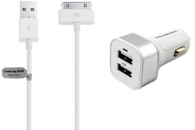 OneOne auto oplader met 2 poorten + 2,0m USB kabel. Krachtige universele 24 Watt autolader past op Apple iPhone 3G, 3Gs, iPhone 4, 4s, iPad 1, iPad 2, iPad 3, iPod Classic, iPod Mini, iPod Nano 1, 2, 3, 4, 5, 6, iPod Touch 1, 2, 3, 4