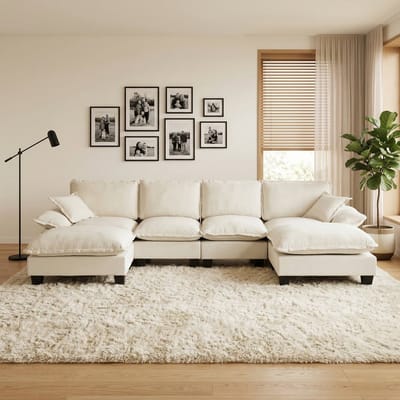 MIVRAY U-Bank 332x151x90 Cm - Modulaire Hoekbank Met Verplaatsbare Ottoman - Voor Woonkamer En Appartement - Chenille Beige