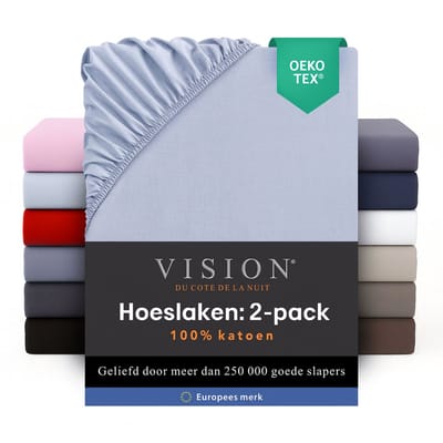 Vision - Hoeslaken - 100% katoen - 90 x 200cm verpakt per 2 stuks - Geschikt voor boxspring matras: ruime hoek van 30cm - Lichtgrijs - Oekotex gecertificeerd