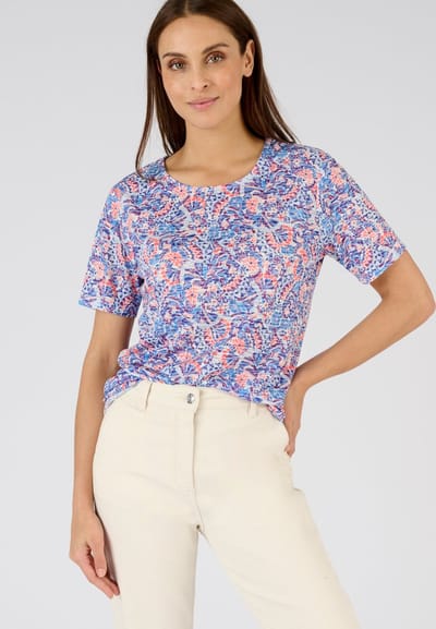 Damart - T-shirt met korte mouwen verweerd breisel met print - Dames - Blauw - XS