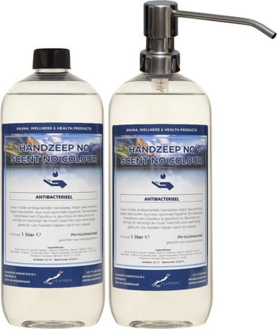 Handzeep No Scent No Colour 1 liter - set van 2 stuks - met gratis RVS zilverkleurige pomp - Voordeelverpakking