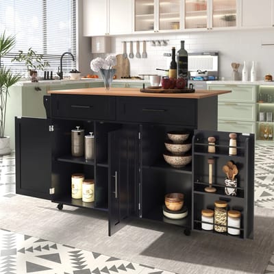 Keukenkast - Keukentrolley - Keukenkastje - Roltafel - Keukenkast Organizer - Kast - Rolbaar - Zwart - 129x71x91cm