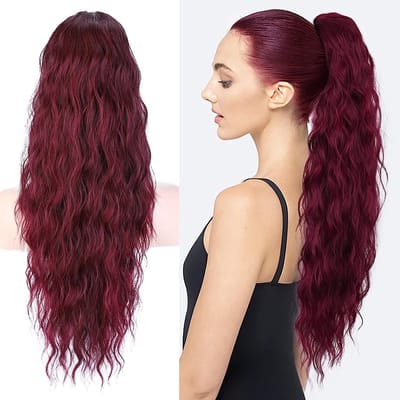 Ponytail Haarstuk Lang 76 cm met Trekkoord, Golvende Krullen, Donkerrood, Natuurlijke Clip-in Haarstuk voor Vrouwen, Synthetisch Haar, Haaraccessoire