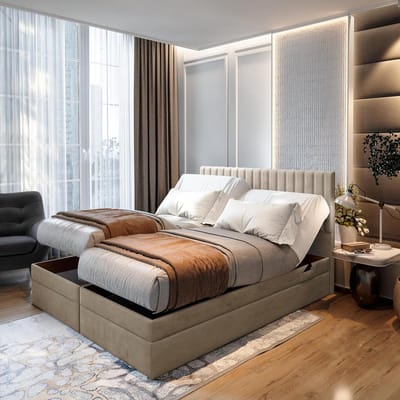 Elektrisch Verstelbaar Boxspring Bed 180x200 cm ADELE Luxe Gestoffeerd Velvet Bed met Matras + Topper + Opberglades + Draadloze Afstandsbediening - Beige - HomebyNicole