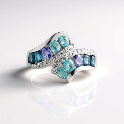 Cavill - Elegante 925 Sterling Zilver Ring - Geplatineerd - 2,49 ct Ratanakiri Zirkonen - Ovale Tanzaniet & Londenblauwe Topaas - Handgemaakt Sieraad