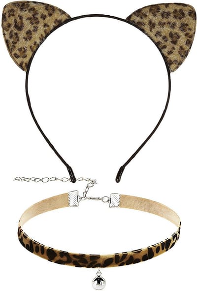 Furry Cheetah Print Kattenoren Haarband met Bel en Choker voor Vrouwen, 2-Delige Carnavalsaccessoire voor Feestjes en Kostuums