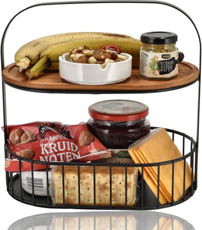 Fruitschaal Zwart – 2-Laags Fruitmand Metaal-Hout met Houten Serveerplank – Etagere / Decoratie Schaal