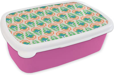 Broodtrommel Roze - Lunchbox Retro - Bloemen - Design - Groen - Oranje - Brooddoos 18x12x6 cm - Brood lunch box - Broodtrommels voor kinderen en volwassenen