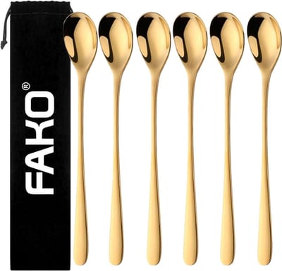 Fako Bijoux® - 6 Lange HQ Lepels - Latte Macchiato - Longdrink - Cocktail - Dessert - IJs - Koffie - Goud - 6 Stuks