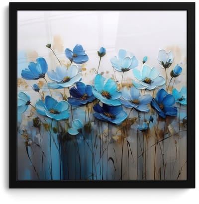 Poster in lijst - Fotolijst 40x40 cm - Posters - Bloemen - Schilderij - Blauw - Posterlijst zwart - Decoratie - Wanddecoratie woonkamer - Muurdecoratie slaapkamer