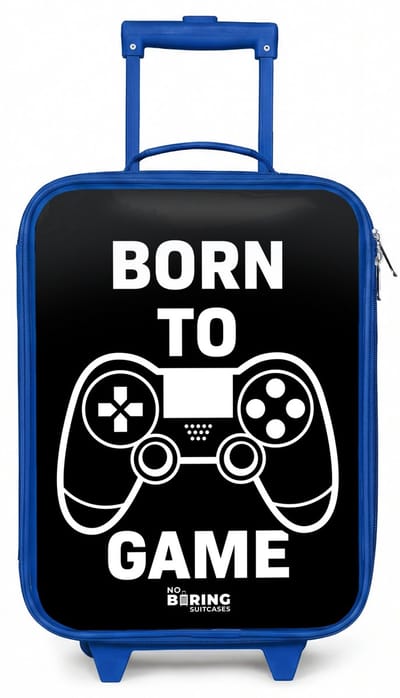 NoBoringSuitcases.com® - Kinderkoffer blauw - Kindertrolley jongen - Qoute met controller in zwart wit - Koffer kind lichtgewicht - Reiskoffer trolley voor kinderen - Koffertje met lichtgevende wieltjes - Rolkoffer