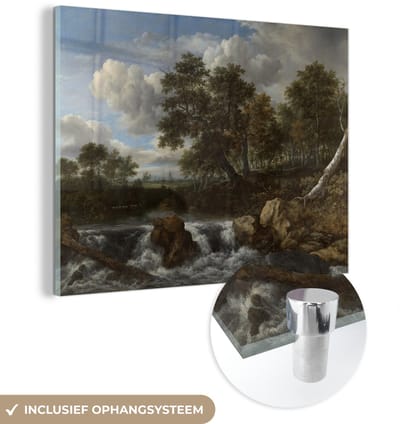 ® Glasschilderij 160x120 cm - Schilderij acrylglas - Landschap met waterval - Schilderij van Jacob van Ruisdael - Foto op glas - Muurdecoratie woonkamer - Wanddecoratie slaapkamer - Schilderijen