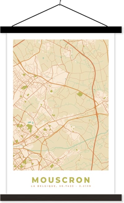 Posterhanger incl. Poster 40x60 cm - Schoolplaat - Plattegrond - Kaart - Mouscron - Stadskaart - Retro - Mouscron - Textielposter - Zwarte latten - Stadskaart