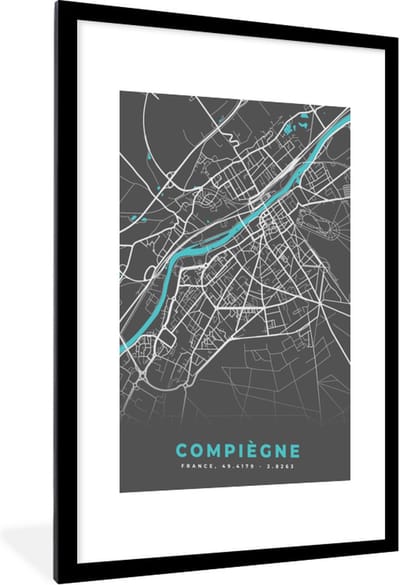 Fotolijst incl. Poster - Compiègne - Kaart - Stadskaart - Plattegrond - Frankrijk - 60x90 cm - Posterlijst