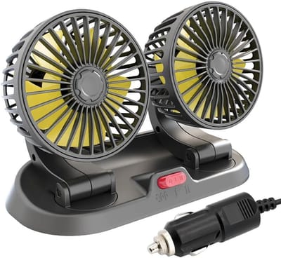 12V Dubbele draagbare koelventilator voor auto met sigarettenaanstekerstekker, 360 graden draaibaar, 2 instelbare snelheden, geschikt voor personenauto, vrachtwagen en SUV