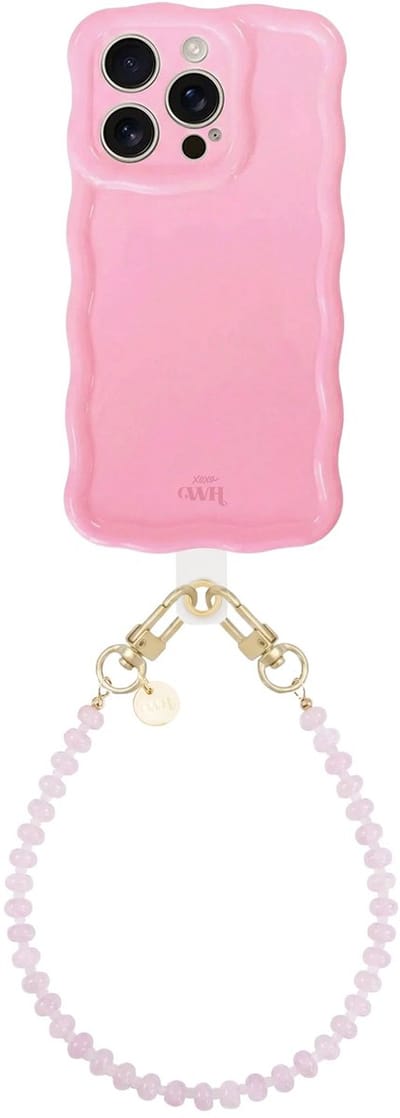xoxo Wildhearts Glossy Wavy Case Bubble Blush - Dusty Pink (kort koord) - geschikt voor iPhone 16 Pro Max - hoesje met telefoonkoord - afneembaar koord - Kralenketting - kort telefoonkoord - hoesje met golven - Roze