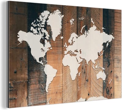 Wanddecoratie Metaal - Aluminium Schilderij Industrieel - Wereldkaart - Hout - Wit - 120x80 cm - Dibond - Foto op aluminium - Industriële muurdecoratie - Voor de woonkamer/slaapkamer