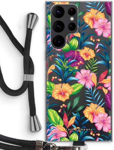 Case Company® - Hoesje met koord geschikt voor Samsung Galaxy S22 Ultra hoesje met Koord - Tropisch 2 - Telefoonhoesje met Zwart Koord - Bescherming aan alle Kanten en Over de Schermrand