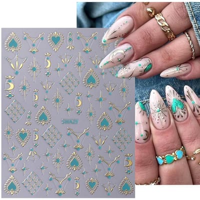 Sticker Métallique pour Ongles Style Bohème Or Argent Lignes Dentelle Cœur d'Amour 3D Holographique Sliders Manucure Décoration Ongles or