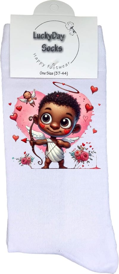 Cupido - Valentijn sokken - Grappige sokken - Leuke sokken - Hem Haar sokken - Vrolijke sokken - Schattige sokken - Valentijn Cadeau - Vaderdag - Moederdag - Verjaardag cadeau - Kerst cadeau - Leuk Cadeau - Verliefd - Sokken maken Happy - Maat 37-44