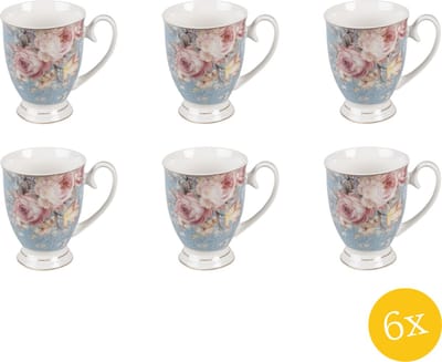 Clayre & Eef Mok set van 6 stuks 300 ml Blauw Wit Porselein Bloemen Theemok