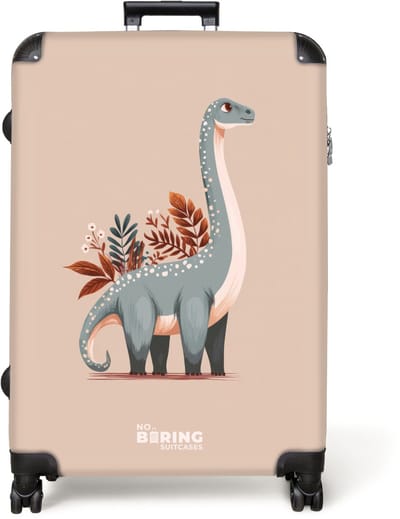NoBoringSuitcases.com® - Koffer groot - Reiskoffer lichtgewicht - Blauwe dinosaurus op een beige achtergrond - Rolkoffer met 4 wielen - Grote trolley XL - 98 liter bagage