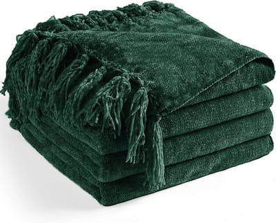 Zachte Chenille Plaid voor Bank en Bed (152x80 cm) - Gebreid met Franjes - Lichtgewicht Boho Woondeken Donkergroen