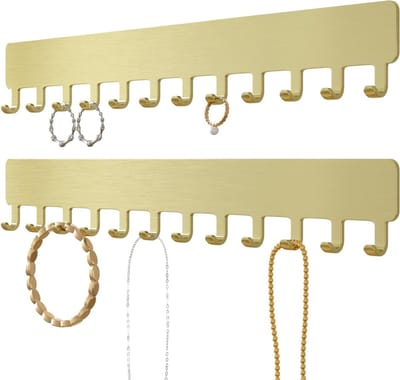 Robuuste Wandopslag voor Sieraden, Ruimtebesparende Oplossing voor Kettingen, Armbanden en Oorbellen, Eenvoudige Montage met Lijm, Gouden Metaal Design